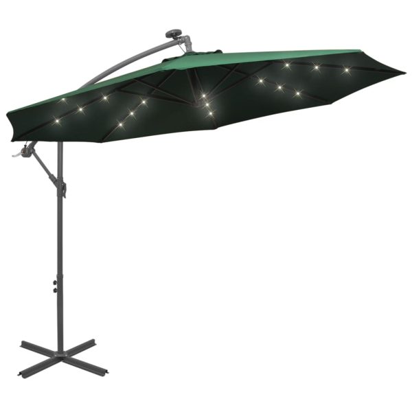 Hængende parasol med LED-belysning 300 cm grøn metalstang